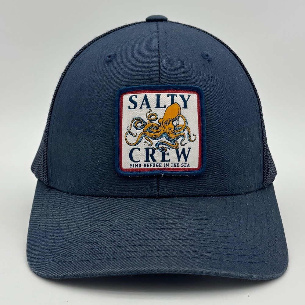 SALTY CREW Blue Trucker Hat Octopus Patch Cap Snapback Ink Slinger Navy Mesh Men